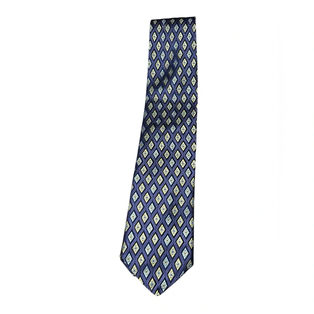 Ike Behar blue and yellow diamond print 100% silk hand tailored in USA tie